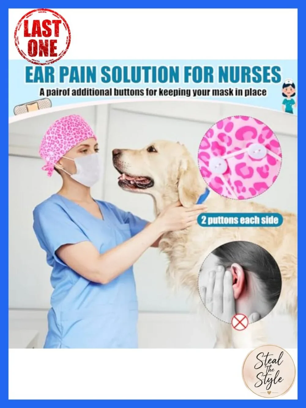 8 Pc Cotton Nurse Scrub Cap Set with Ear Buttons Sweatband